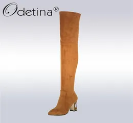 Odetina 2020 nueva moda cuero genuino ante de vaca botas por encima de la rodilla tacones altos calados zapatos de botas de invierno sexis talla grande 33434457117