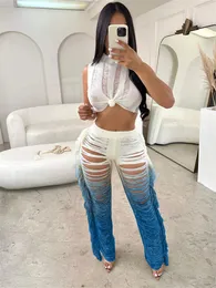 Mulheres Tracksuits WJFZQM Sexy Sem Mangas Crop Tops Tie Dye Trapezoid Tassel Knit Pants Matching Set 2023 Summer Beach Two Piece Sets 230915