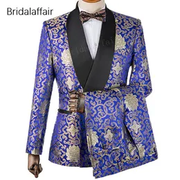 Gwenhwyfar تصميم جديد مخصص العريس Tuxedo Royal Blue Floral Printed Men Suit for Wedding Prom Mens Suits 2PCS Jacket Pan337K