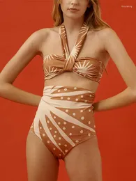 Kvinnors badkläder 2023 Vintage Summer Orange Polka Dot Design Swimsuit Hanging Neck Sexy Split Strap High midjan