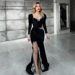 Mermaid Designer Black Evening Dresses Moroccan Caftan Theclique Long Sleeves Prom Volts Split Women Party Guest Dress 0420