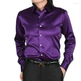 メンズラグジュアリーシルキーシャツ長袖ファッションルーズカジュアルシルクのような男性ドレスシャツプラスサイズのウェディングパーティーステージ衣類271B