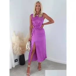 Basic Casual Dresses Evening Party For Women 2022 Summer Guest Elegant Satin Dress Cut Out Waist Twist Knot Y Midi With Slit Drop Deli Dhytr