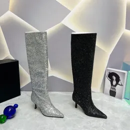 Yeni Viola Glitter Deri Diz Botları Sivri Ayak Parçası Stiletto Heels Deri Deri Sole Boot Kadınlar İçin Lüks Tasarımcı Elbise Akşam Partisi Ayakkabı Fabrika Ayakkabı