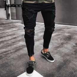 Vaqueros ajustados negros desgastados para hombre, ropa de calle rasgada, estilo Hip Hop, con agujero en la rodilla y cremallera, pantalones ajustados a la moda para hombre 270K