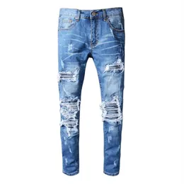 남자 청바지 자전거 타기 바이커 Pant Homme Marque de Luxe High Street Skinny Men 트렌드 블루 찢어진 Jean Stacked Hole Spijkerbroeken Heren257m