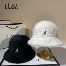 KANGOL Мех кролика Рыбацкая Шапка Зимняя Последняя Вышивка Кенгуру Брендовая Купольная Шляпа Конфетные Цвета Дизайнерская Роскошная Панама Леди Кепка X220282s