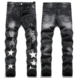 Jeans masculinos angustiados rasgados motociclista jeans fino estrela de cinco pontas ajuste motocicleta denim para moda hip hop masculino jean boa qualidade195s