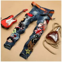 Embroidery Beauty Badge Patch Jeans Men Ripped Jean Fashion Brand Biker Hip Hop Denim Slim Fit Casual Pants219Y