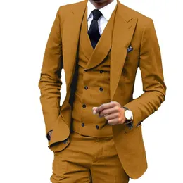 Slim Fit Brown Yellow Groom Tuxedos Peak Lapel Groomsmen Mens Wedding Dress Popular Man Jacket Blazer 3del Surejacket Pants Ves3026