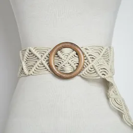 Cinture da donna modello retrò pura corda cerata fatta a mano intrecciata con fibbia in legno olio cintura decorativa catena in vita etnica