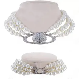 Luxury Fashionable Pearl necklace Advanced retro Three layer pearl Shiny Saturn bead pendant2715