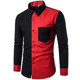 Red Black Patchwork Shirt Men 20202Autumn New Slim Fit Mens Dress Shirts Casual Business Social Shirt Male Hit Color Chemise 3XL286F