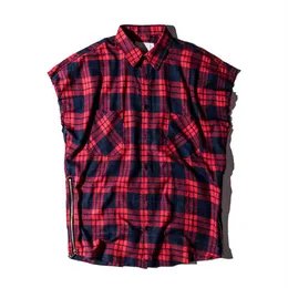 Fashion Brand Plaid shirt Men Hip hop sleeveless Shirts Mens side zipper shirtcamisa masculina swag Plus Size2898