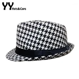 Wide Brim Hats Retro Houndstooth Check Fedora For Women Felt Feminino Cappelli Sombreros Chapeus Vintage Panama Caps1282H