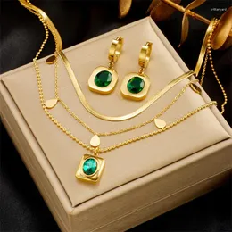 Necklace Earrings Set 316L Stainless Steel Oval Green Crystal Charm For Women Girl Trend Nonfading Jewelry Gift Drop