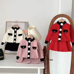 Conjuntos de ropa Conjunto de suéter para niñas Punto coreano Flores tridimensionales Falda plisada 2 piezas Otoño Invierno Ropa para niña Traje 230915