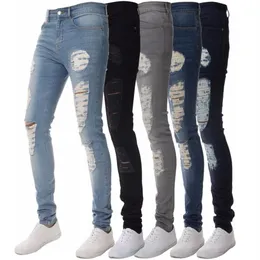 Mens Solid Color Distressed Biker Cool Jeans Fashion Slim Ripped Washed Pencil Pants Men Jean Male High Street220s