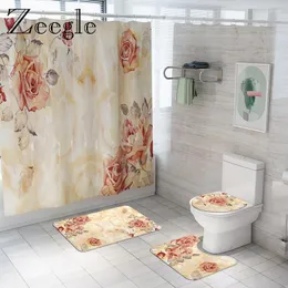 Bath Mats Zeegle Retro Floral Toilet Rug Set Shower Curtain Mat Non Slip Bathroom Carpet Floor U-Shape