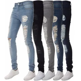 Mens Solid Color Distressed Biker Cool Jeans Fashion Slim Ripped Washed Pencil Pants Men Jean Male High Street258f
