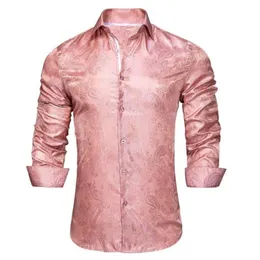 Men's Casual Shirts Rose Pink Paisley Silk Shirt Long Sleeve For Men Jacquard Male Business Party Wedding Dress Hi-Tie Design233U