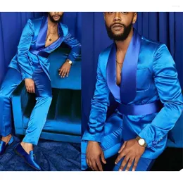 남자의 남자 정장 남자 블루 새틴 목걸이 옷깃 슬림 핏 2 피스 재킷 바지 테르노 홈 브레스 의상 우아한 공식 블레이저 2023