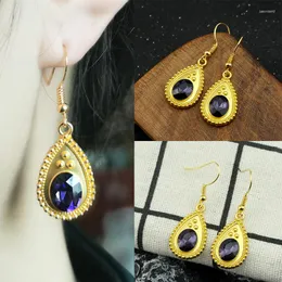 Dangle Earrings Vintage Artificial Gem Amethyst Drop Earring Turkish Retro Gold Color Crystal Sculpture Craft Women Ethnic Jewelry