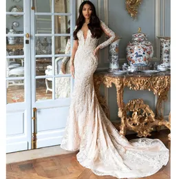 صور حقيقية v-neck Mermaid Wedding Dress Bohemian Court Train Train Lace Grow Vestido de Novia Zipper Made 01