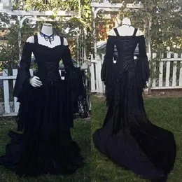 Vintage Black Gothic Lace Wedding Dresses A Line Medieval Off the Shoulder Straps Long Sleeves Corset Bridal Gowns Victorian Dress282A