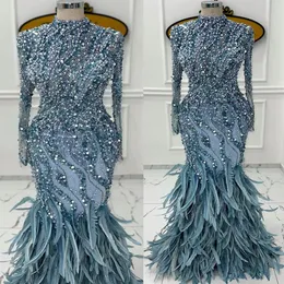 plus size arabic aso ebi luxurious mermaid feather prom dresses pearls beaded evening formal party second reception birthday engag272y