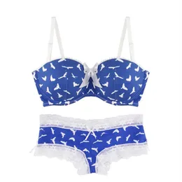 BRAS SETS MIAOERSIDAI SEXY GIRLS BH SET Flying Bird Blue Printed Underwear Lace Bralette och kort vadderad har liten storlek 28-36 A277X