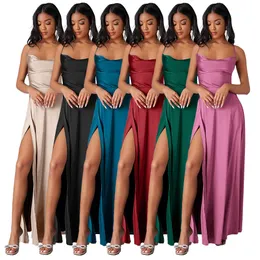 Women Satin Evening Dresses Sexy V Neck Split Party Dresses Red Green Black Colors Women Fashion Gown Dresses 23D2