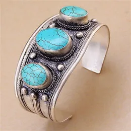 Bracciale rigido unisex vintage ovale in pietra turchese con perline a buon mercato, argento Tibet 244j