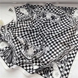 70x70cm Square Black White Grid Letters Print Designer Floral Silk Scarf Headband for Women Fashion Handle Bag Scarves Paris Shoulder Tote Luggage Ribbon Head Wraps