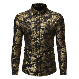 Мужская мода блестящие золотые рубашки с цветочным принтом 2020 брендовая приталенная классическая рубашка с длинным рукавом мужская рубашка-смокинг для ночного клуба для выпускного вечера Camisas196H