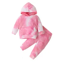 Conjuntos de roupas infantis terno primavera e outono camisola calças tie dye meninos meninas com capuz 230915