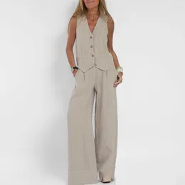 Women's Suits Spring Pure Women Vest Leisure Set Cotton Linen V Neck Button Tops Vest&Long Pants Sleeveless 2PCS Suit Outfits Summer