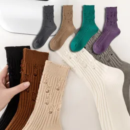 Autumn Winter Medium High Tube Ripped Socks For Men Women Cotton Beggar Socks Couples Thick Needle Stockings Unisex