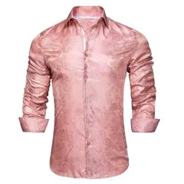 Men's Casual Shirts Rose Pink Paisley Silk Shirt Long Sleeve For Men Jacquard Male Business Party Wedding Dress Hi-Tie Design346a