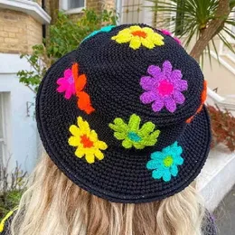 Stingy Brim Hats Dourbesty Knitted Bucket Women Flower Pattern Wide Outdoor Sun Protection Cap Photo Props Fisherman Hat 230916