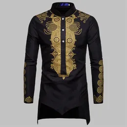 Camisas casuais masculinas Mid-Oriente Muçulmano Longo Robe Africano Homens Floral Imprimir Manga Preta Camisa Botão Plus Size Dubai Dashiki Homem 260K