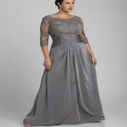 2021 인기있는 스타일 플러스 사이즈 신부 드레스의 회색 어머니 3 4 슬리브 스쿠프 넥 레이스 시폰 바닥 길이 공식 가운 Custom2261