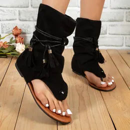 Sandaler Kvinnor Summer Boots Open Toe Flat Tassel Design 2023 Fashion Roman Sandal Elegant Shoes Plus Size 35-43 Sandalias Mujer