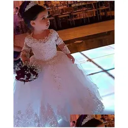 Flower Girls Dresses Long Sleeve Crew Neck Lace Applique Communion Floor Tle Beaded Pageant Party Gowns Drop Delivery Events Kids Form Dhnbb