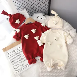 Rompers Autumn Winter Baby Romper 0 2 Years born Boy Girl Long Sleeve Bear Fleece Hat Jumpsuit Playsuit Outwear Warm Clothes 2023 230918