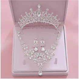 Błyske ślubne zestawy biżuterii ślubnej Crystal Tiary i Crown Rhinestone Naszyjnik na przyjęcie weselne Quinceanera Formalne 283G