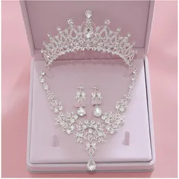 Parlak Gelin Düğün Takı Seti Crystal Tiaras ve Crown Rhinestone Kolye Damla Küpeleri Düğün Partisi Quinceanera Resmi 283G