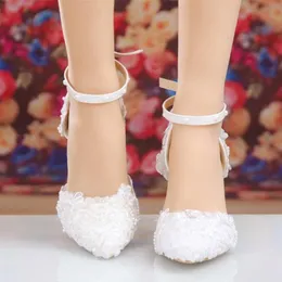 Bahar Beyaz Dantel Çiçek Rhinestone Düğün Ayakkabıları En Yeni Tasarım Lüks El Yapımı Yüksek Topuk Gelin Ayakkabıları Akşam Balo Pompaları219Z