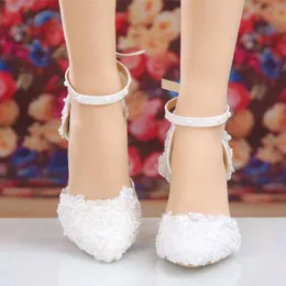 Primavera branco laço flor strass sapatos de casamento mais novo design luxo artesanal sapatos de noiva salto alto noite baile bombas219z