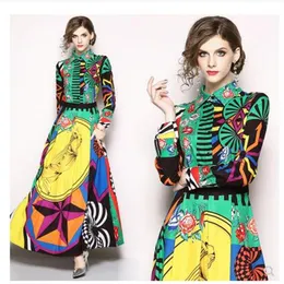 Design de moda europeu 2020 novas mulheres gola virada para baixo manga longa bloco de cores estampa geométrica floral cintura alta maxi long262t